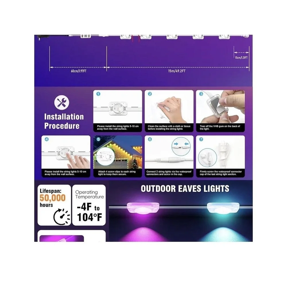 Smart WiFi LED Eaves Lights 49.2FT Outdoor RGB Light Strip IP67‎ Alexa Google